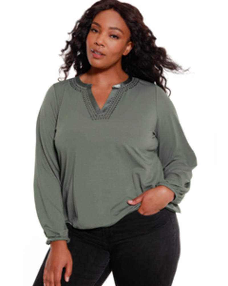 Front of a model wearing a size 1X Dana Studded Top in UTILITY GREEN by Belldini Black Label. | dia_product_style_image_id:245788